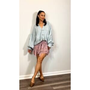 Zara‎ Blogger Fav Knit Cardigan Sweater in Blue Large Jewel Bow Rhinestone Knit